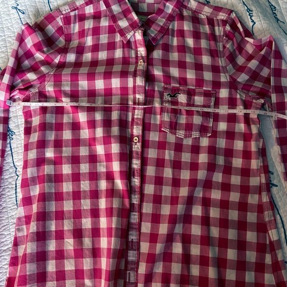 ๐ 3 for $45 Hollister Pink and White Button Front Plaid Shirt EUC Size L - Picture 7 of 9